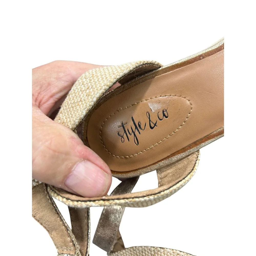 Style & Co Metallic Espadrille Wedges 8M Gold Ankle Strap Boho Summer Glam